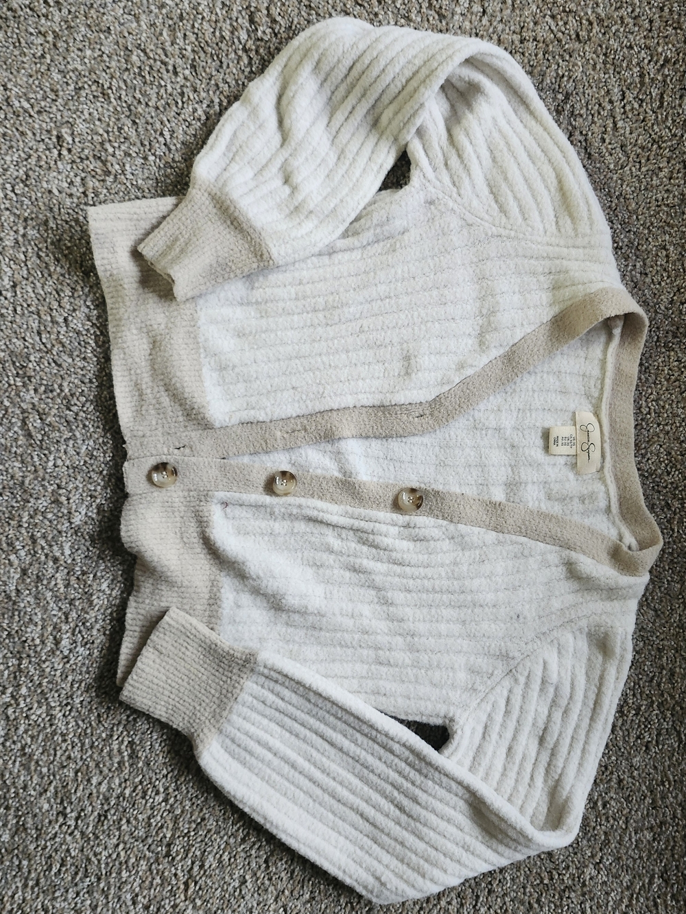 Cream Ribbed Button-Front Cardigan with Tan Trim